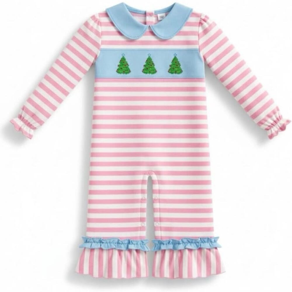 NEW Abby‎ & Evie Pink Stripe Christmas Tree Ruffle Collar Baby Romper 6M